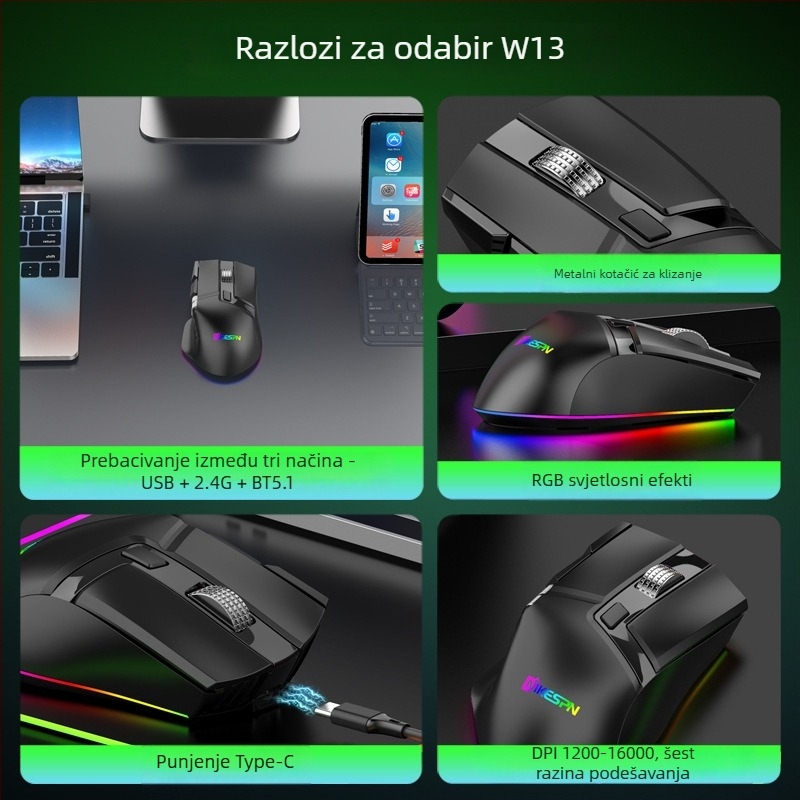 Gaming miš s tri načina rada, podrška makra, 10 programabilnih tipki, RGB osvijetljenje, 16000 DPI, žično + 2,4G bežično povezivanje