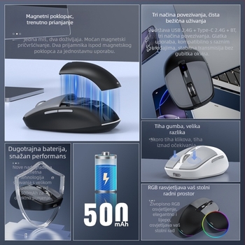 Bežični optički miš T25, 3200 DPI, 6 tipki, dvostruki način bežične veze (2.4G + Bluetooth), ergonomski dizajn, punjiv USB kabelom