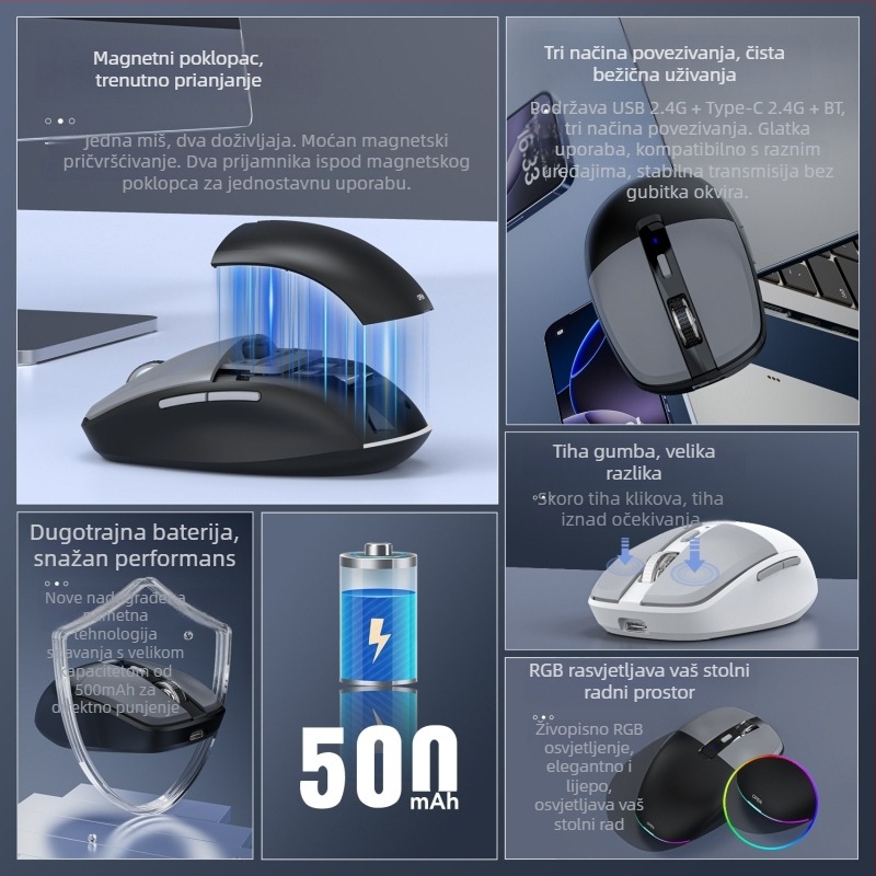 Bežični optički miš T25, 3200 DPI, 6 tipki, dvostruki način bežične veze (2.4G + Bluetooth), ergonomski dizajn, punjiv USB kabelom
