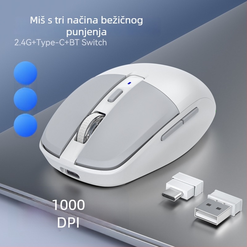 Bežični optički miš T25, 3200 DPI, 6 tipki, dvostruki način bežične veze (2.4G + Bluetooth), ergonomski dizajn, punjiv USB kabelom