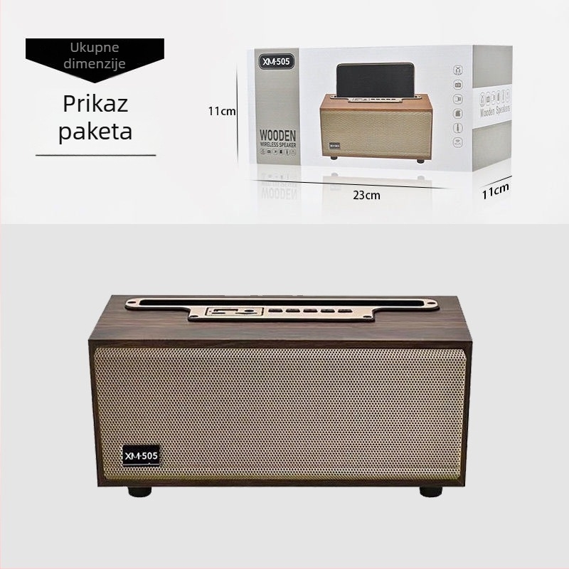 Bežični Bluetooth zvučnik za stolno korištenje s utorom za karticu, drveni retro kompaktni prijenosnik — Bluetooth verzija 5.3; nazivna snaga 8W; frekvencijski raspon 100 Hz–20 kHz; omjer signala i šuma ≥75 dB; ugrađena litij baterija 1000–1200 mAh