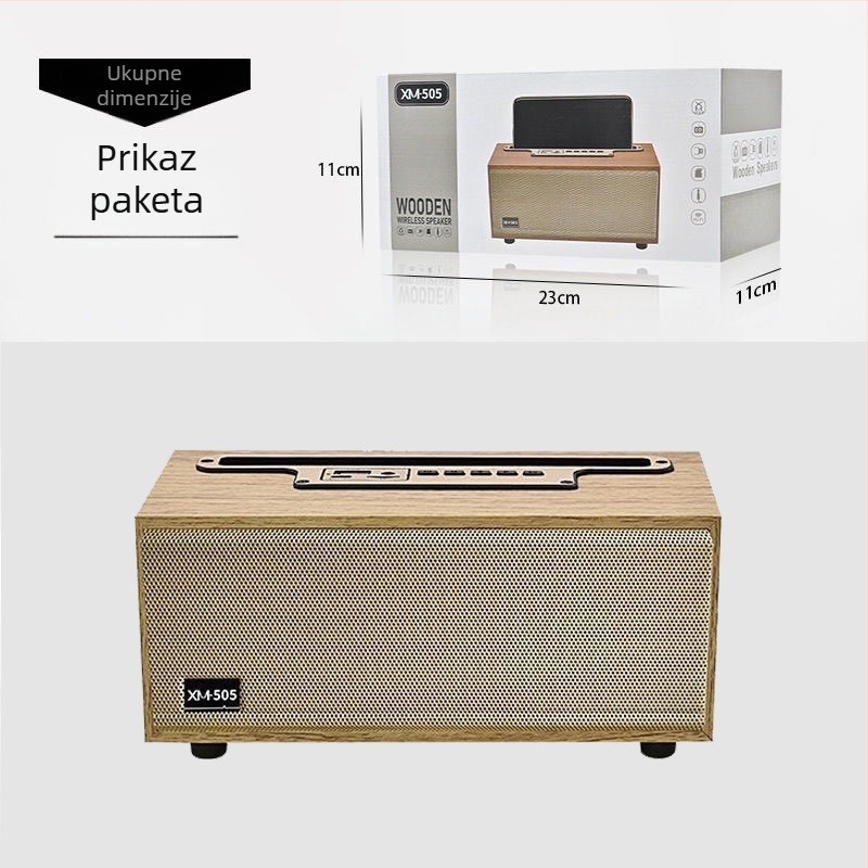 Bežični Bluetooth zvučnik za stolno korištenje s utorom za karticu, drveni retro kompaktni prijenosnik — Bluetooth verzija 5.3; nazivna snaga 8W; frekvencijski raspon 100 Hz–20 kHz; omjer signala i šuma ≥75 dB; ugrađena litij baterija 1000–1200 mAh