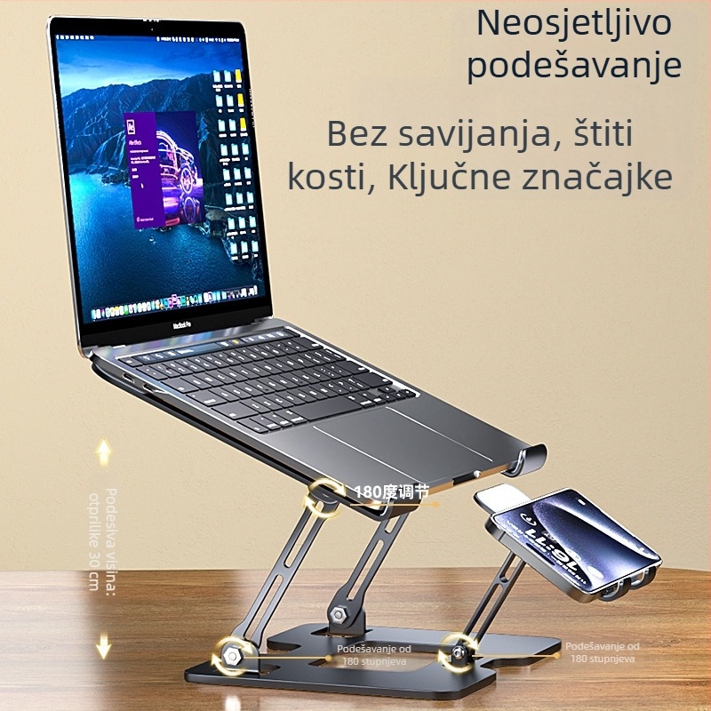 2-in-1 nosač za laptop i telefon, uspravni podesivi stolni stalak, držač tipkovnice na radnoj površini, ugljični čelik, 1.35 kg