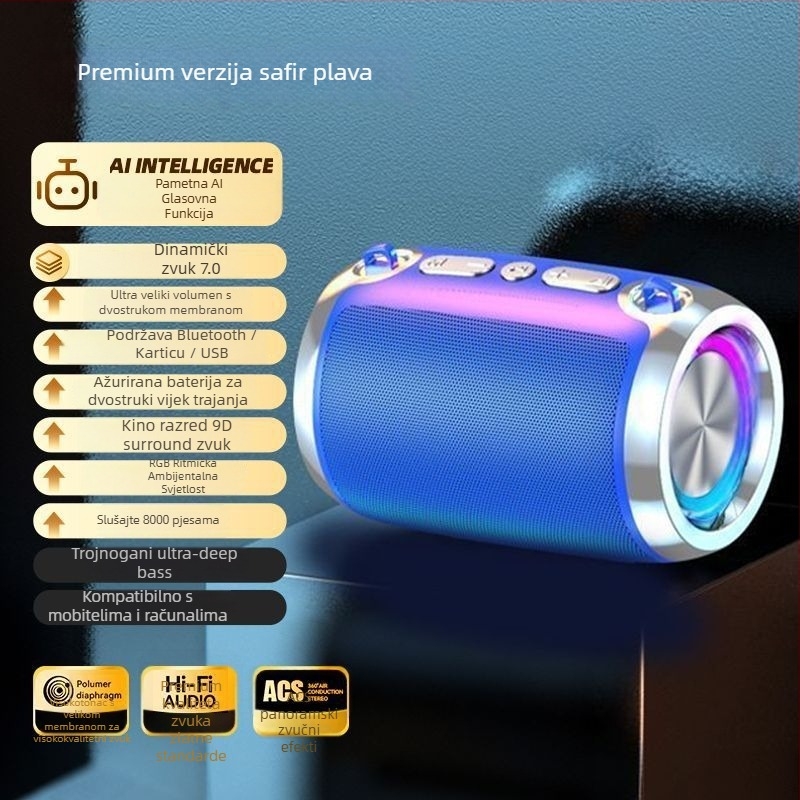 Subwoofer AI Bluetooth zvučnik s dubokim basom, Bluetooth veza, raspon frekvencija 100 Hz–20 kHz, SNR ≥70 dB, ABS kućište, IPX7 vodootpornost