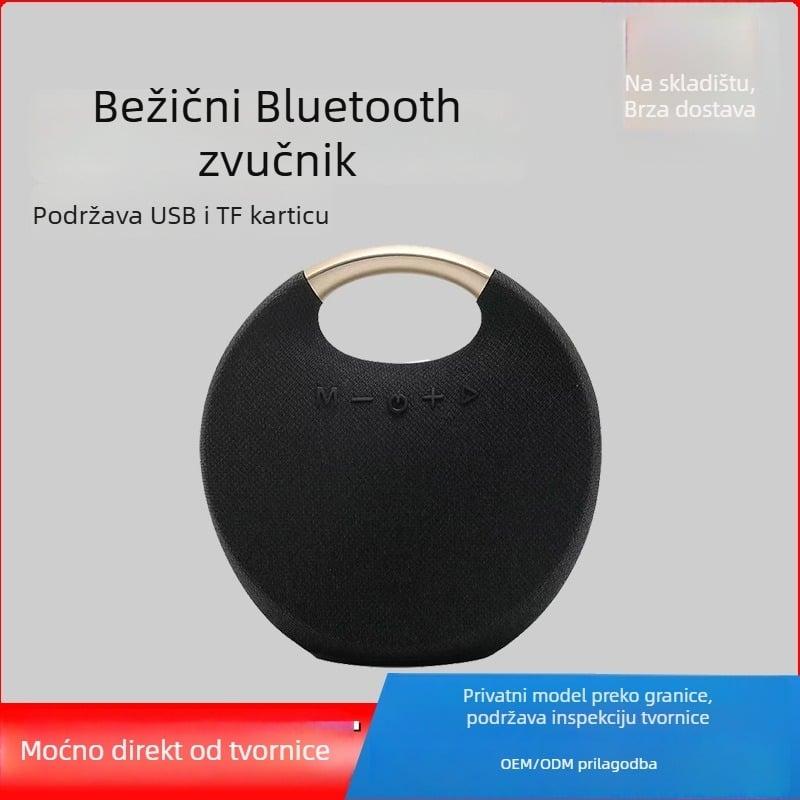 Prijenosni Bluetooth zvučnik s platnenom ručkom — za vanjsku i stolnu uporabu, zvučnik s integriranim subwooferom, 5W, Bluetooth 5.0, baterija 1000–1200mAh, IPX2, domet do 10 m