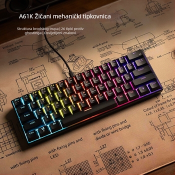 Mehanička tipkovnica, 61 tipki, žičana USB veza, mehanički prekidač, miješano pozadinsko osvjetljenje