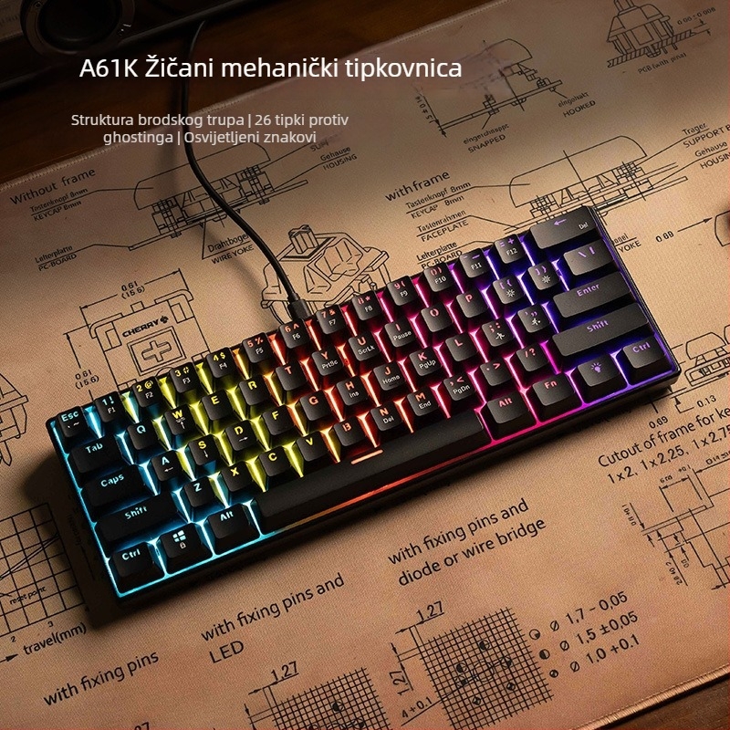 Mehanička tipkovnica, 61 tipki, žičana USB veza, mehanički prekidač, miješano pozadinsko osvjetljenje
