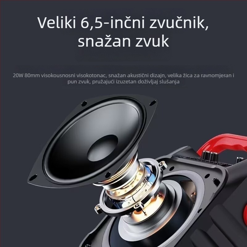 A9 Prijenosni Bluetooth karaoke zvučnik s mikrofonom za vanjsku upotrebu, 12W izlaz, BT 5.0, 100Hz-20kHz, SNR ≥70dB, ugrađena baterija