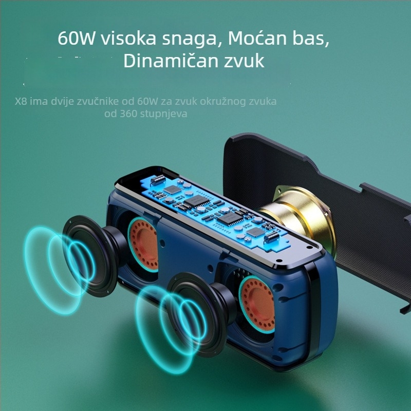 Xidobao X8 Bluetooth zvučnik s dubokim basom, 60W, BT 5.0, 40Hz-20kHz, IPX5, ugrađena baterija 4000–6000mAh