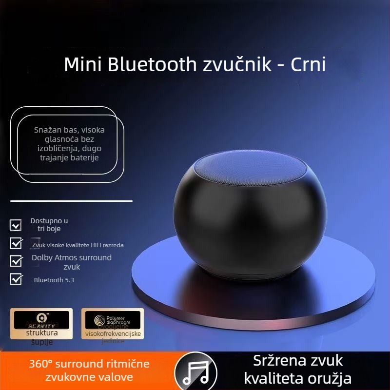 Bežični Bluetooth mini zvučnik s snažnim basom, 5W, Bluetooth 5.3, raspon 100 Hz–20 kHz, ugrađena baterija 2000–4000 mAh, Hi‑Fi zvuk