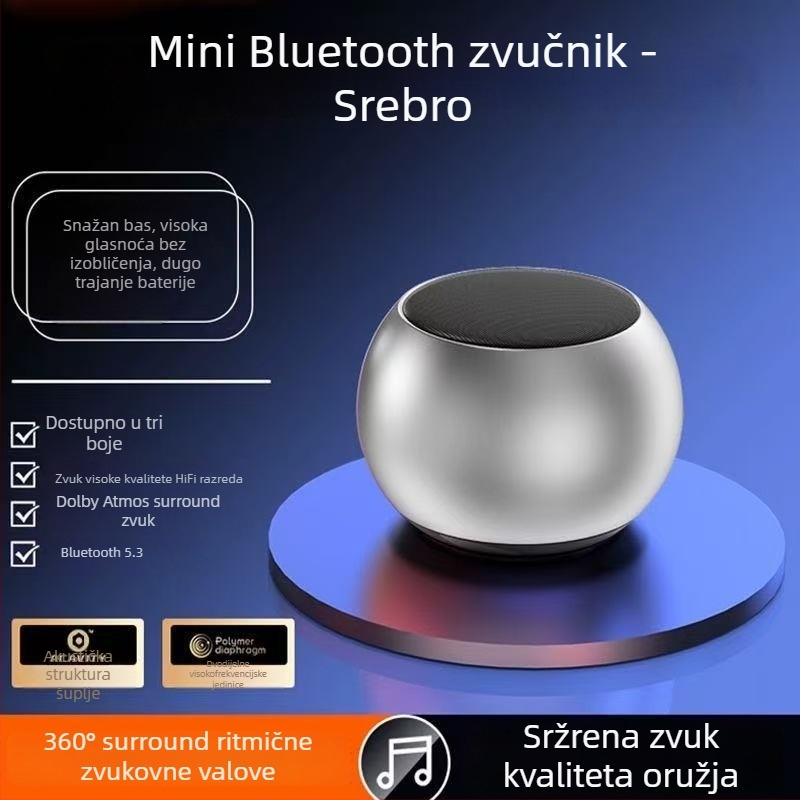Bežični Bluetooth mini zvučnik s snažnim basom, 5W, Bluetooth 5.3, raspon 100 Hz–20 kHz, ugrađena baterija 2000–4000 mAh, Hi‑Fi zvuk