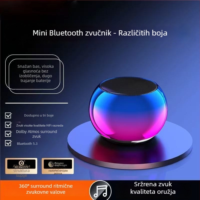 Bežični Bluetooth mini zvučnik s snažnim basom, 5W, Bluetooth 5.3, raspon 100 Hz–20 kHz, ugrađena baterija 2000–4000 mAh, Hi‑Fi zvuk