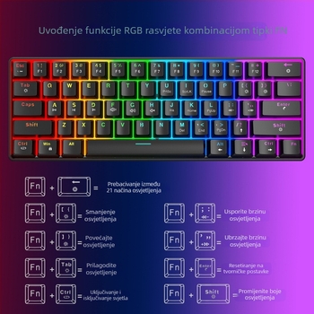 61-tipkovna žična mehanička tipkovnica s RGB pozadinskim osvjetljenjem i crvenim linearnim prekidačima, ABS plast
