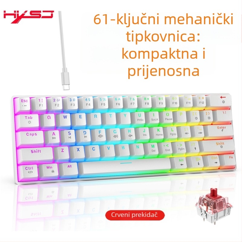 61-tipkovna žična mehanička tipkovnica s RGB pozadinskim osvjetljenjem i crvenim linearnim prekidačima, ABS plast