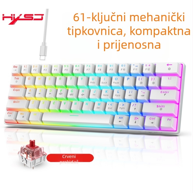 61-tipkovna žična mehanička tipkovnica s RGB pozadinskim osvjetljenjem i crvenim linearnim prekidačima, ABS plast