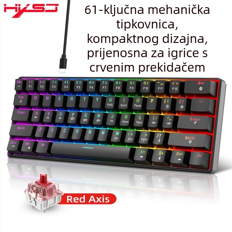 61-tipkovna žična mehanička tipkovnica s RGB pozadinskim osvjetljenjem i crvenim linearnim prekidačima, ABS plast