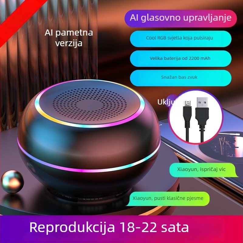 AI Pametni Bežični Bluetooth Mini Zvučnik sa Subwooferom, Prijenosno Aluminijsko Kućište, Ugrađena Baterija, MicroSD Utor, Hands-free Pozivi