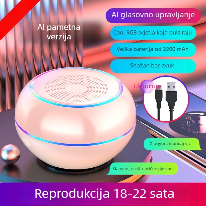 AI Pametni Bežični Bluetooth Mini Zvučnik sa Subwooferom, Prijenosno Aluminijsko Kućište, Ugrađena Baterija, MicroSD Utor, Hands-free Pozivi