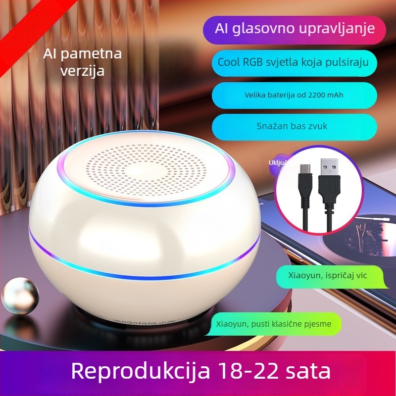 AI Pametni Bežični Bluetooth Mini Zvučnik sa Subwooferom, Prijenosno Aluminijsko Kućište, Ugrađena Baterija, MicroSD Utor, Hands-free Pozivi