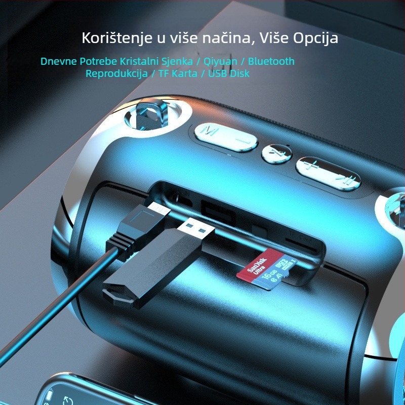 Bežični Bluetooth zvučnik s integriranim subwooferom – prenosni za dom i van, aluminijsko kućište, 40 Hz–20 kHz, SNR ≥100 dB, IPX4, baterija 1200–2000 mAh, USB/SD kartica/Bluetooth