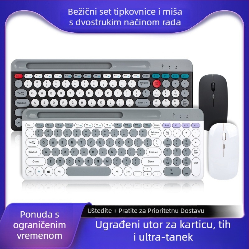 ZYG-806 Macaron bežični set tipkovnice i miša, dvostruki način, okrugle tipke, 88–98 tipki, ABS, vodootporan, 2.4G + Bluetooth