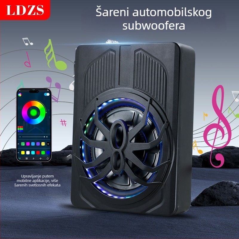 Aktivni auto subwoofer s LED osvjetljenjem, ultra tanki dizajn; maksimalna snaga 800W, 2,6 Ω, raspon frekvencija 20 Hz–150 Hz, osjetljivost >90 dB, THD <0,4%
