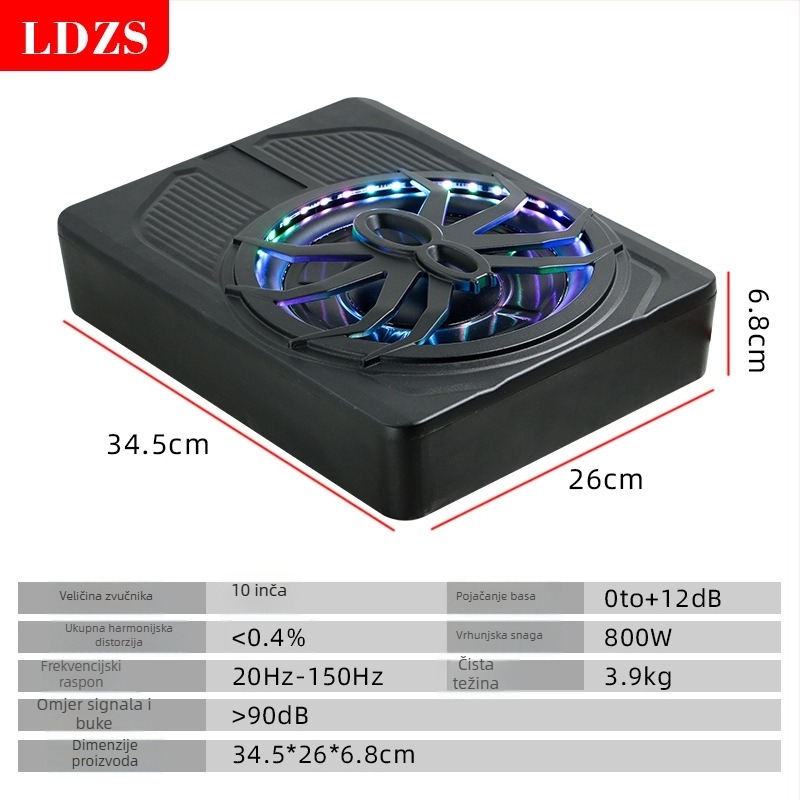 Aktivni auto subwoofer s LED osvjetljenjem, ultra tanki dizajn; maksimalna snaga 800W, 2,6 Ω, raspon frekvencija 20 Hz–150 Hz, osjetljivost >90 dB, THD <0,4%