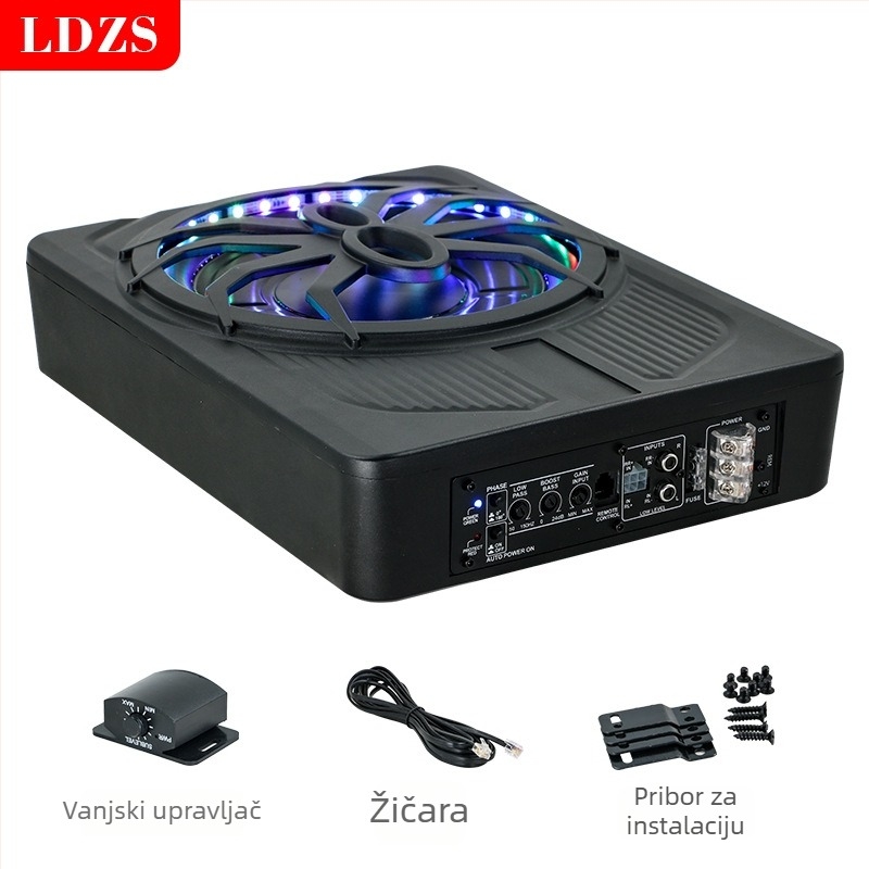 Aktivni auto subwoofer s LED osvjetljenjem, ultra tanki dizajn; maksimalna snaga 800W, 2,6 Ω, raspon frekvencija 20 Hz–150 Hz, osjetljivost >90 dB, THD <0,4%