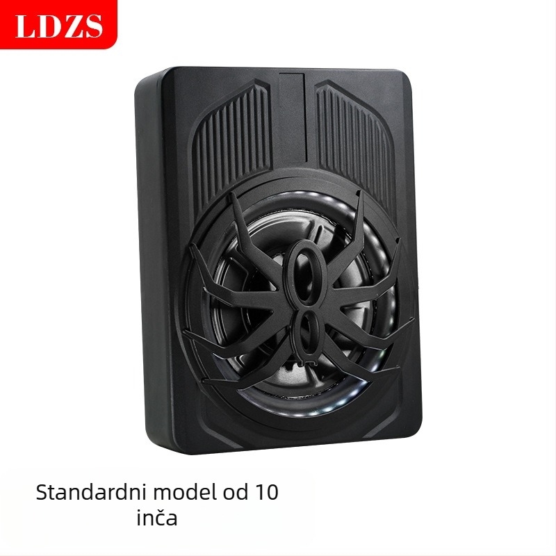 Aktivni auto subwoofer s LED osvjetljenjem, ultra tanki dizajn; maksimalna snaga 800W, 2,6 Ω, raspon frekvencija 20 Hz–150 Hz, osjetljivost >90 dB, THD <0,4%
