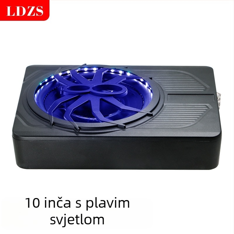 Aktivni auto subwoofer s LED osvjetljenjem, ultra tanki dizajn; maksimalna snaga 800W, 2,6 Ω, raspon frekvencija 20 Hz–150 Hz, osjetljivost >90 dB, THD <0,4%