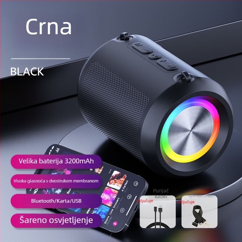 Bežični Bluetooth subwoofer zvučnik – za automobil, dom, stol i vanjske prostore, 3W, Bluetooth 5.3, 120Hz-18kHz, SNR ≥85 dB, ugrađena baterija