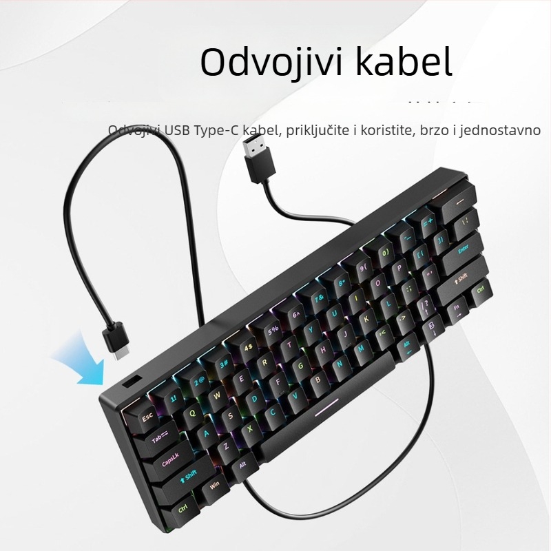 Mehanička tipkovnica sa 61 tipki, žičana USB Type-C, RGB pozadinskim osvjetljenjem
