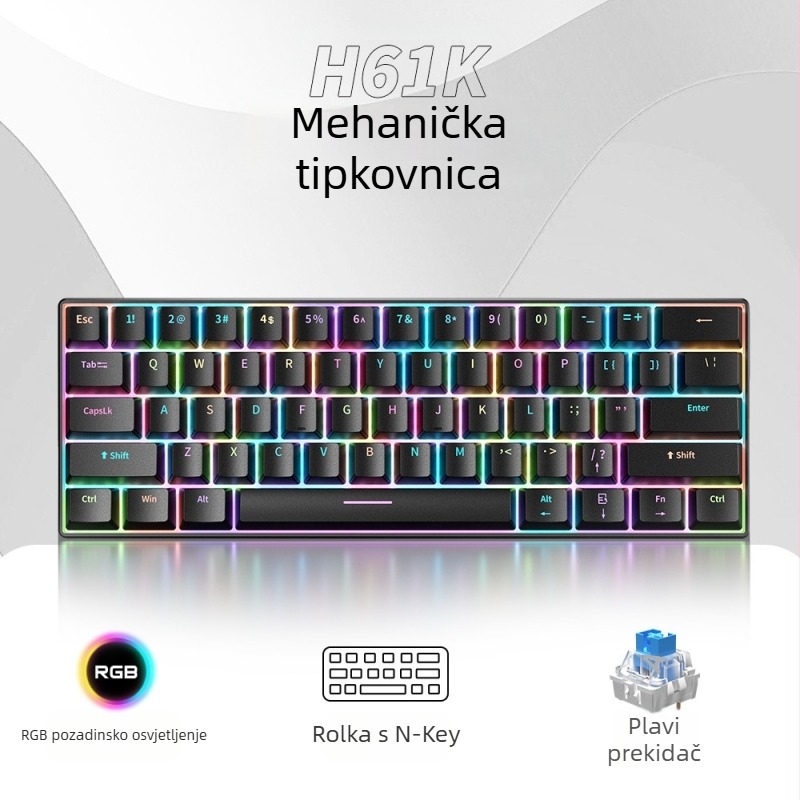 Mehanička tipkovnica sa 61 tipki, žičana USB Type-C, RGB pozadinskim osvjetljenjem
