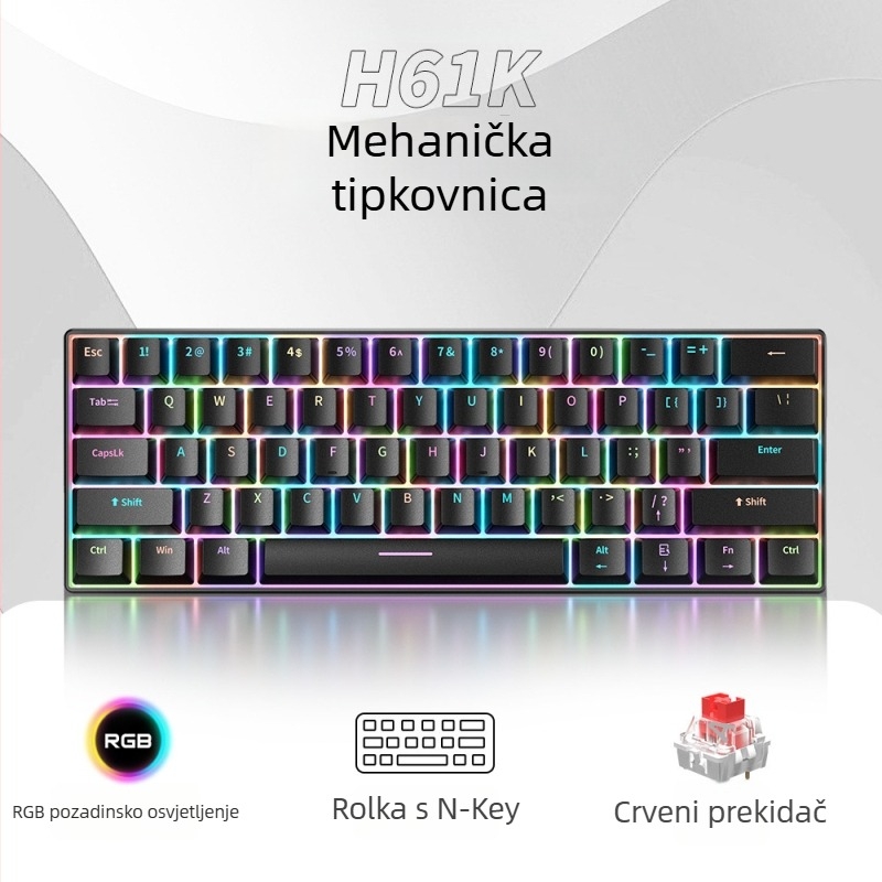 Mehanička tipkovnica sa 61 tipki, žičana USB Type-C, RGB pozadinskim osvjetljenjem