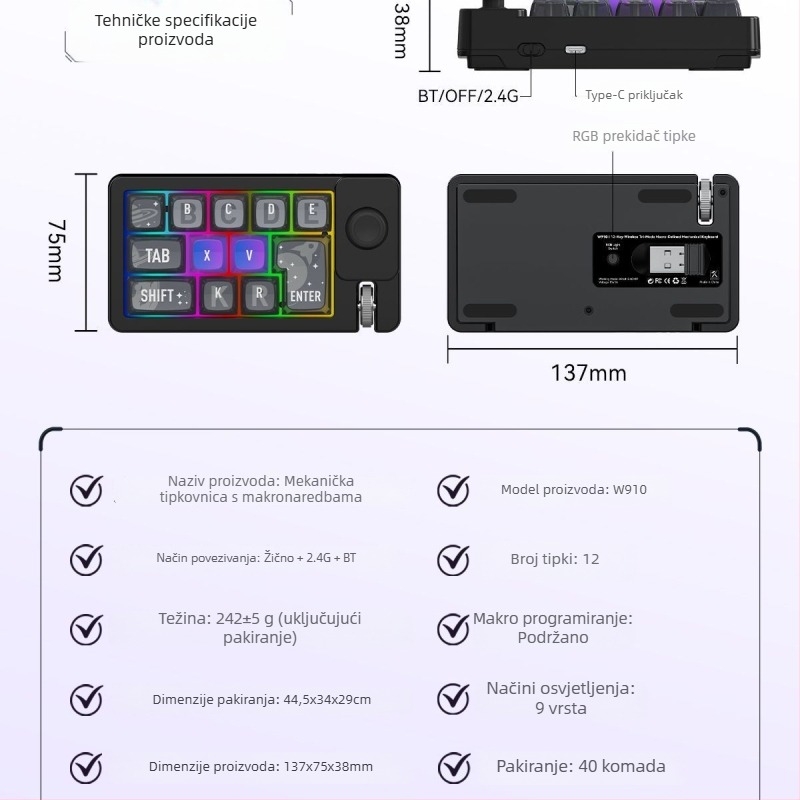 87-tipkovnica numerička s RGB pozadinskim osvjetljenjem, kabelska i bežična veza Bluetooth i 2.4G, s naslonom za zapešće