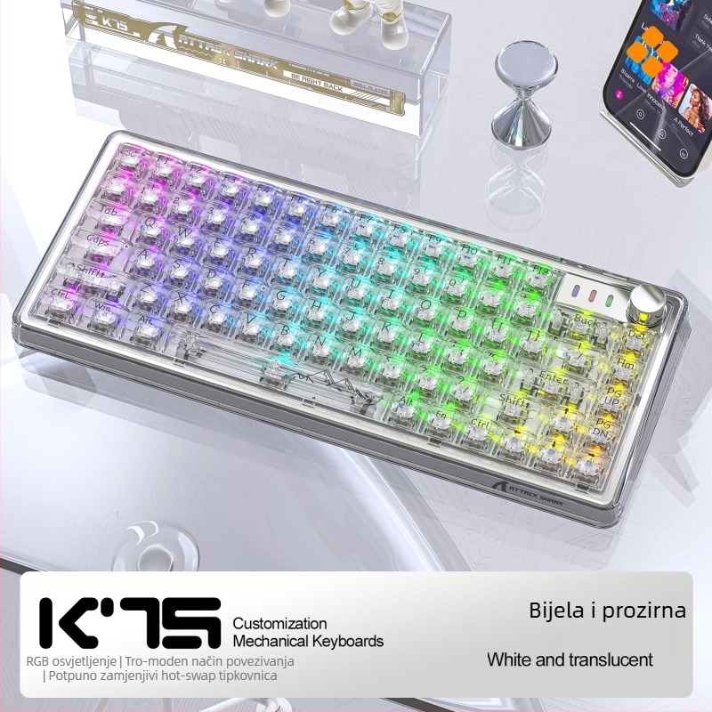 Attack Shark K75RGB bežična mehanička tipkovnica, 82 tipke, RGB pozadinsko osvjetljenje, gasket konstrukcija, hot-plug prekidači