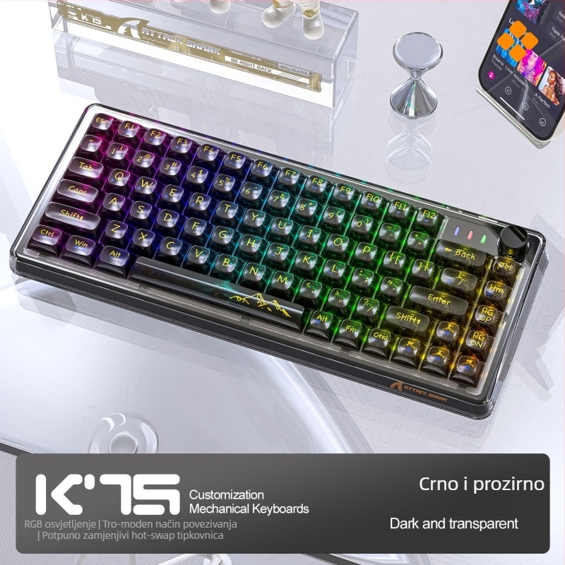 Attack Shark K75RGB bežična mehanička tipkovnica, 82 tipke, RGB pozadinsko osvjetljenje, gasket konstrukcija, hot-plug prekidači