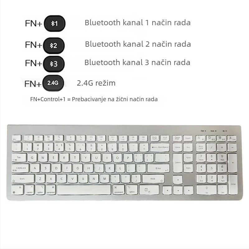 Bežična Bluetooth tipkovnica sa tri načina, 98+ tipki, bežično/žično/2.4G, istovremeno do 3 uređaja, ABS kućište, kompatibilno s Mac, iPad, Huawei laptopima, mobitelima i računalima
