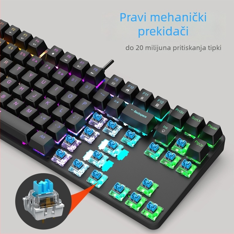 87-tipkovnica mehanička s RGB pozadinskim osvjetljenjem, žično USB povezivanje, ABS kućište