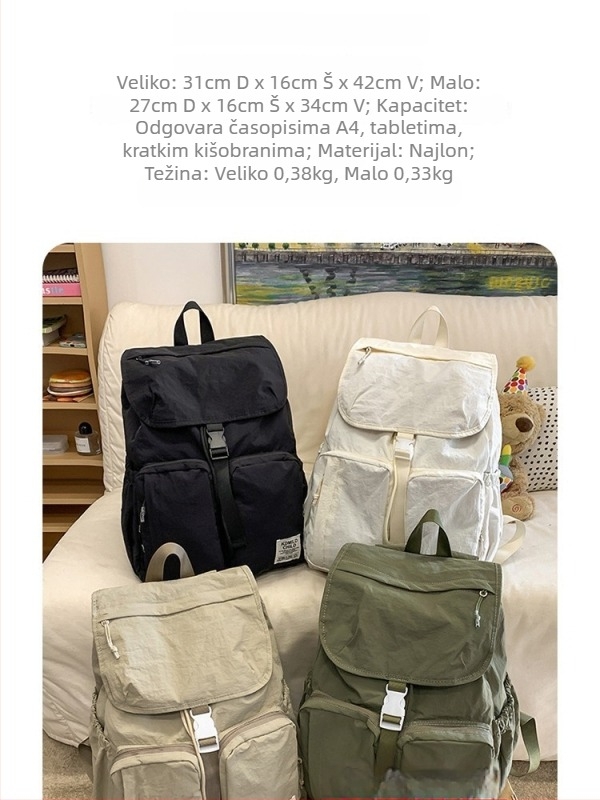 Ženski ruksak s kapicom i šnalom, lagan za školu i svakodnevnu uporabu, gradski minimalistički stil, najlon materijal, poliester podstava, zakrivljene naramenice