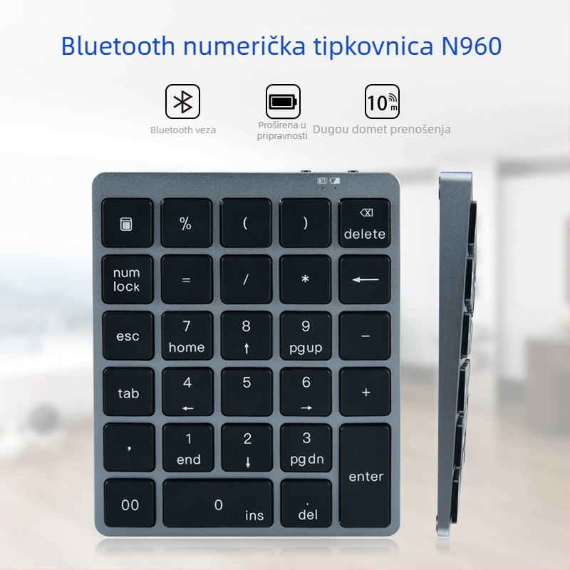 N960 izuzetno tanak aluminijska Bluetooth numerička tipkovnica, 28 tipki, prijenosna, bez pozadinskog osvjetljenja