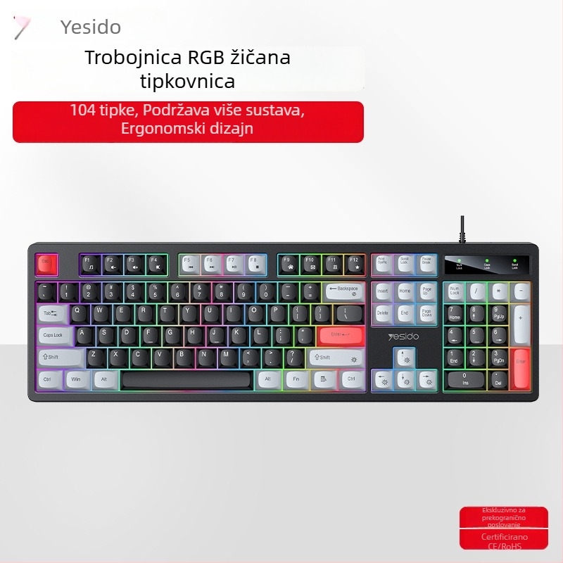 Yesido žična gaming tipkovnica, 104 tipke, RGB osvjetljenje, vodootporna, univerzalna kompatibilnost