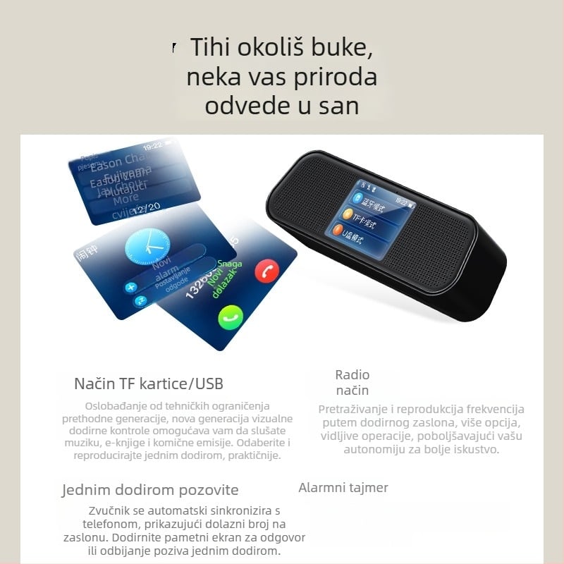 DE413Pro Bluetooth zvučnik s kolor zaslonom, dodirnim upravljanjem, AI prijevodom, prijenosnim bežičnim stolnim subwooferom — Bluetooth 5.3, 2x15W, 100 Hz–20 kHz, SNR ≥75 dB, ugrađena baterija 1000–1200 mAh