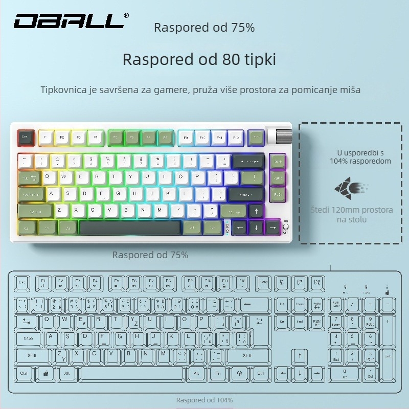Dragon Ball GK75 mehanička tipkovnica, tri načina povezivanja: žičana, Bluetooth i bežična; zelene prekidače, RGB pozadinsko osvjetljenje, vodootporna