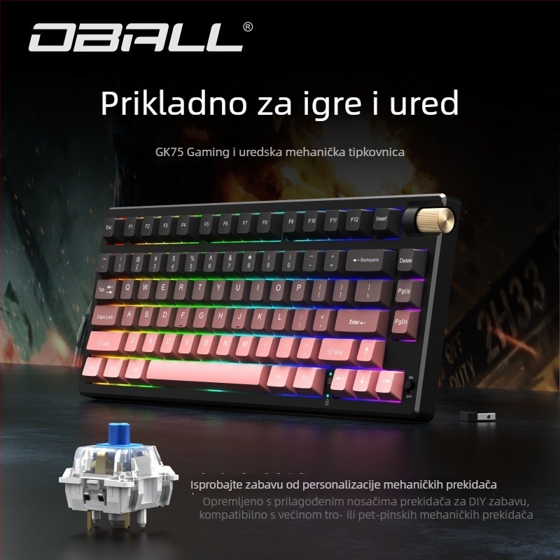 Dragon Ball GK75 mehanička tipkovnica, tri načina povezivanja: žičana, Bluetooth i bežična; zelene prekidače, RGB pozadinsko osvjetljenje, vodootporna