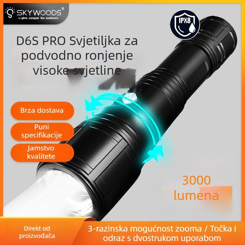 SKYWOODS potapljačka LED svjetiljka, 3000 lumena, zoom, punjiva, kućište od aluminijske legure
