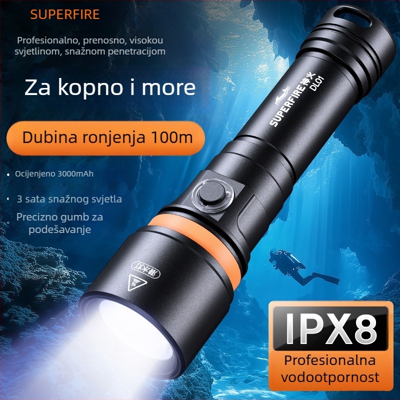 DL01 potopna svjetiljka za podvodnu fotografiju – IPX8 do 100 m, 15 W, 350+ lm, domet 200–500 m, punjiva (21700/18650)