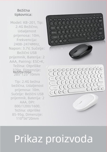 Bežični set tipkovnice i miša – 78 tipki, 2.4G bežično, model K380, 1600dpi, mini retro okrugli dizajn