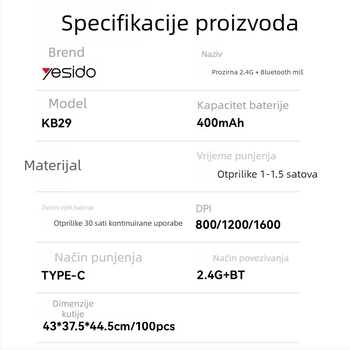 Yesido bežično miš s tihim radom, 2.4G + Bluetooth, 5 tipki, ergonomski, kompatibilan s prijenosnim i stolnim računalom, model KB29
