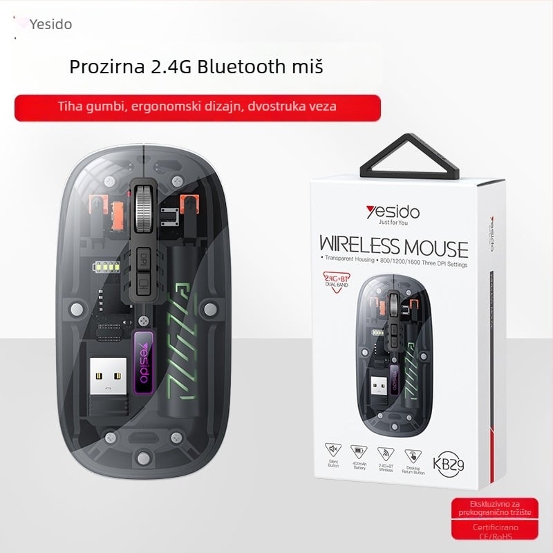 Yesido bežično miš s tihim radom, 2.4G + Bluetooth, 5 tipki, ergonomski, kompatibilan s prijenosnim i stolnim računalom, model KB29